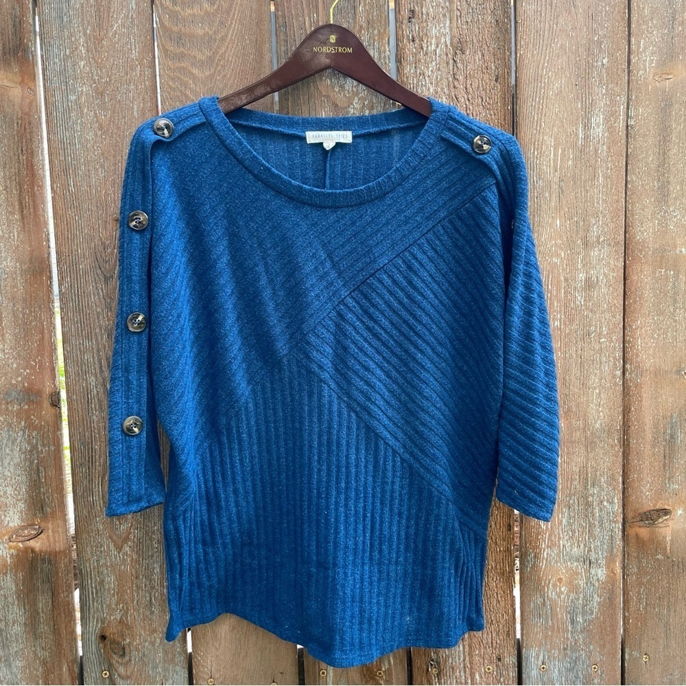 PARALLEL SKIES Women’s Blue Ribbed Sweater Buttons 3/4 Sleeve Shirt Large